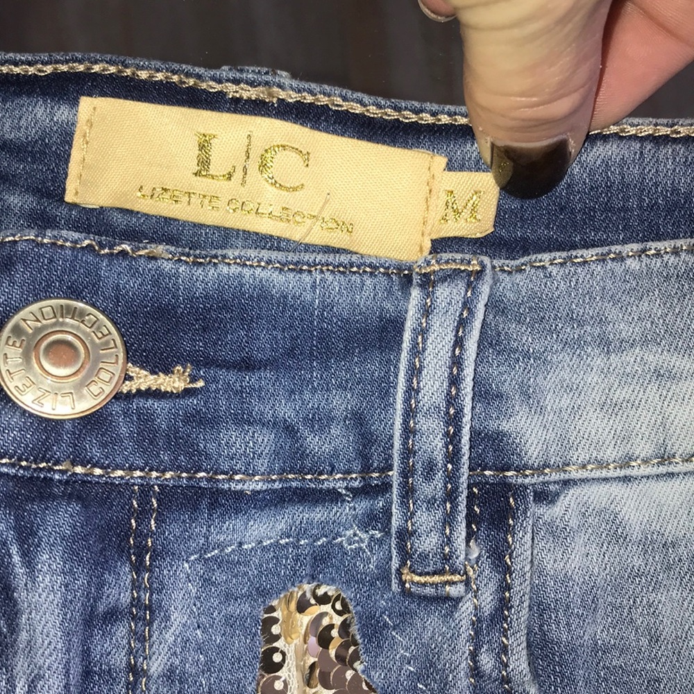 Silver Sequin Denim Shorts  LC Lizette Collection - Picture 5 of 7